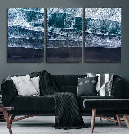 87941475-MGV-CV-36X24-Black Beach Wall Art Canvas Print, Framed Aerial Ocean Art Picture Print, Moody Coastal Perfect Modern Coastal Decor Artwork