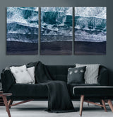 87941475-MGV-CV-60X30-3P-Black Beach Wall Art Canvas Print, Framed Aerial Ocean Art Picture Print, Moody Coastal Perfect Modern Coastal Decor Artwork