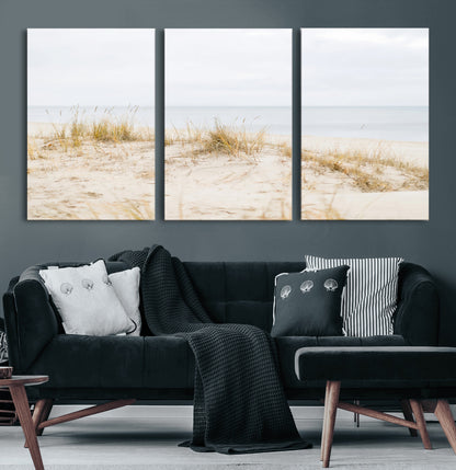 13146857-MGV-CV-36X24-Beach Dunes Wall Art Canvas Print, Framed Soft Horizon Art Picture Print, Coastal Grass Perfect Minimalist Coastal Decor Artwork