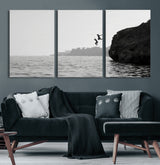 52284302-MGV-CV-60X30-3P-Cliff Jumping Wall Art Canvas Print, Framed Ocean Adventure Art Picture Print, Black White Coast Perfect Modern Coastal Decor