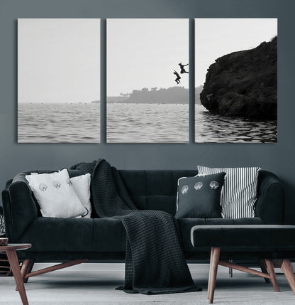 52284302-MGV-CV-60X30-3P-Cliff Jumping Wall Art Canvas Print, Framed Ocean Adventure Art Picture Print, Black White Coast Perfect Modern Coastal Decor