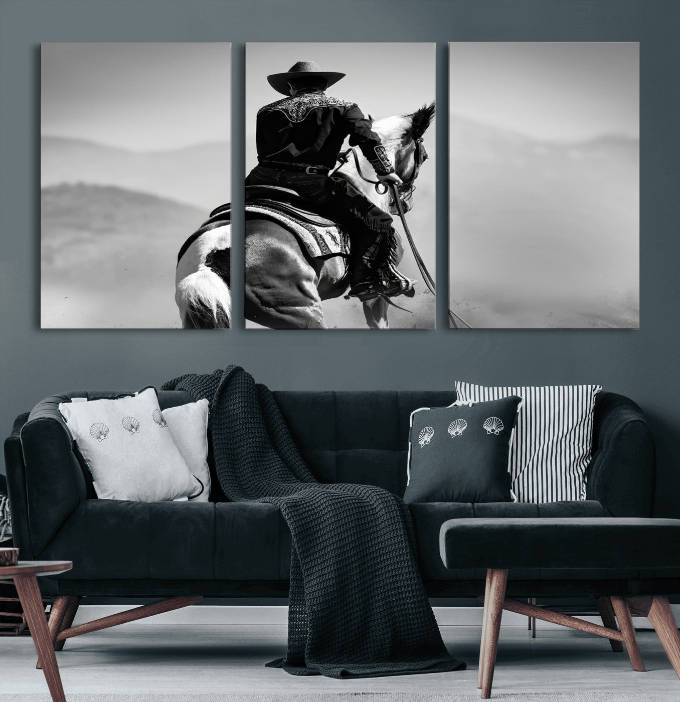 83102464-MGV-CV-60X30-3P-Western Cowboy Wall Art Canvas Print, Framed Monochrome Horse Art Picture Print, Western Equestrian Perfect Rustic Western Decor