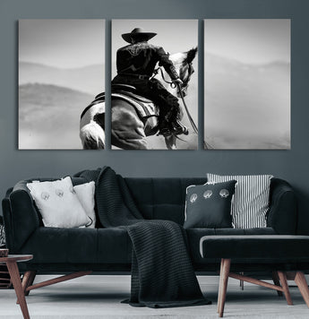 83102464-MGV-CV-60X30-3P-Western Cowboy Wall Art Canvas Print, Framed Monochrome Horse Art Picture Print, Western Equestrian Perfect Rustic Western Decor