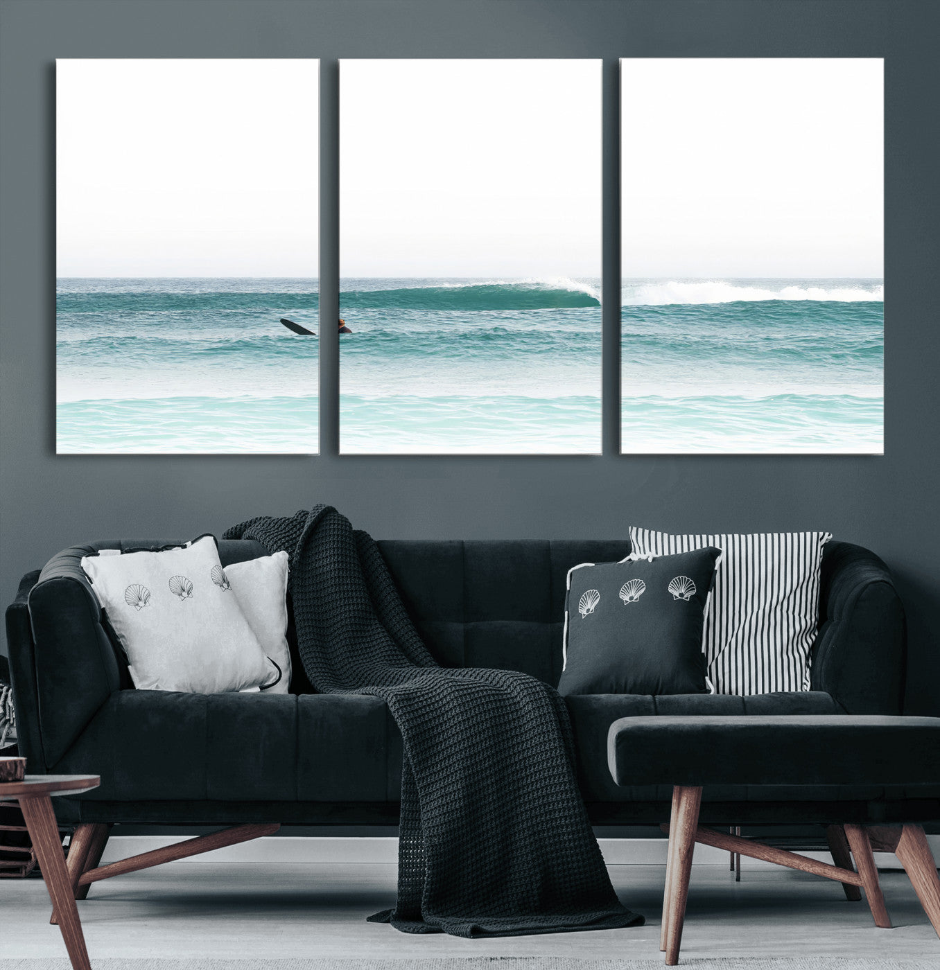 56345117-MGV-CV-60X30-3P-Minimalist Surfing Wall Art Canvas Print, Framed Ocean Waves Art Picture Print, Soft Ocean Perfect Minimalist Coastal Decor