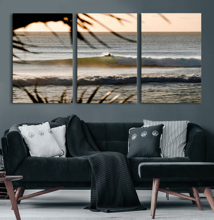 24896468-MGV-CV-60X30-3P-Sunset Surf Wall Art Canvas Print, Framed Golden Waves Art Picture Print, Tropical Ocean Perfect Tropical Boho Decor Artwork