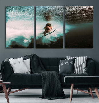 85923512-MGV-CV-60X30-3P-Aquatic Motion Wall Art Canvas Print, Framed Underwater Swimming Art Picture Print, Female Surfer Diving Perfect Coastal Boho