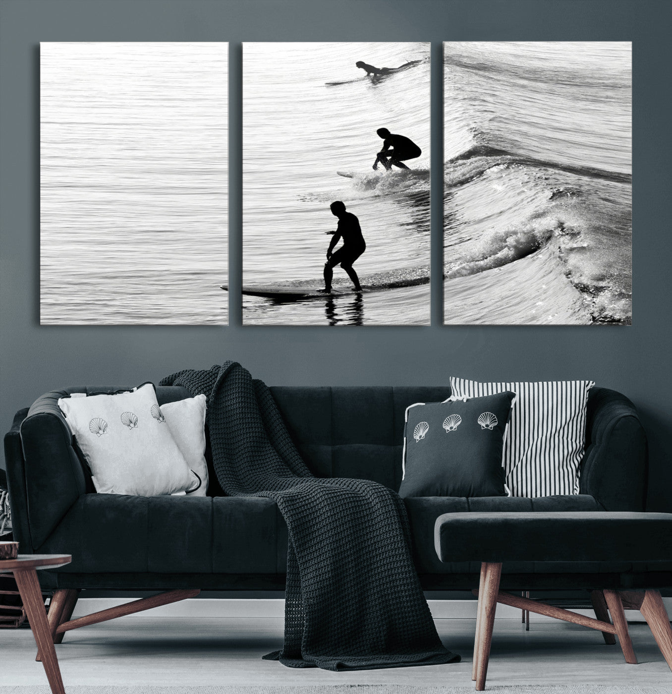 19875284-MGV-CV-36X24-Surfer Waves Wall Art Canvas Print, Framed Black White Surf Art Picture Print, Monochrome Ocean Perfect Modern Coastal Decor