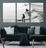 19875284-MGV-CV-36X24-Surfer Waves Wall Art Canvas Print, Framed Black White Surf Art Picture Print, Monochrome Ocean Perfect Modern Coastal Decor