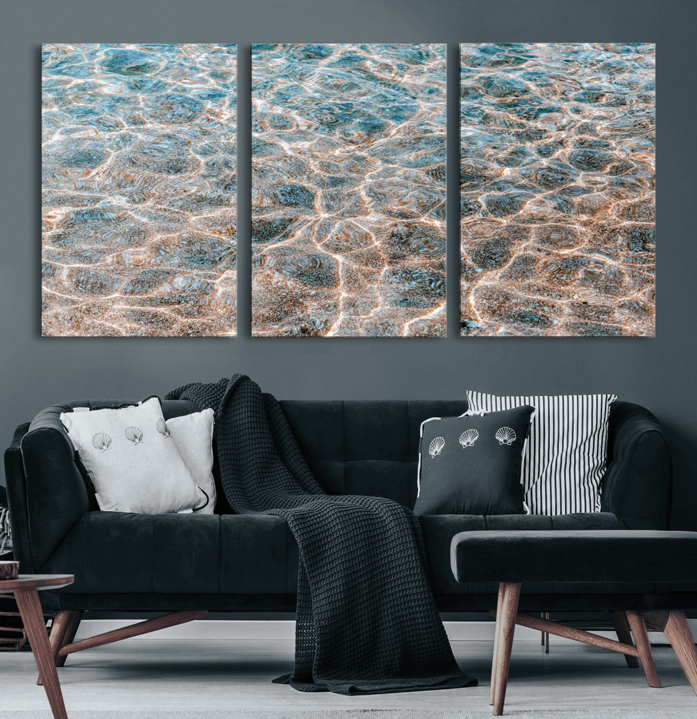 26580287-MGV-CV-60X30-3P-Clear Water Wall Art Canvas Print, Framed Sunlit Ripples Art Picture Print, Ocean Texture Perfect Modern Coastal Decor Artwork