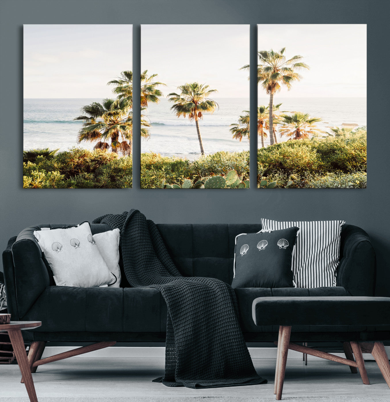 94707294-MGV-CV-60X30-3P-California Coast Wall Art Canvas Print, Framed Palm Trees Art Picture Print, Coastal Landscape Perfect Coastal Minimalist Decor