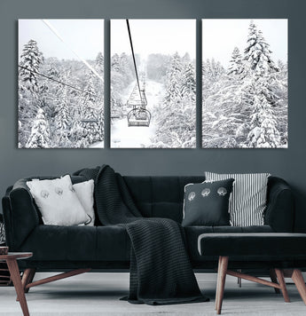 44705668-MGV-CV-60X30-3P-Winter Forest Wall Art Canvas Print, Framed Snowy Forest Art Picture Print, Ski Lift Perfect Scandinavian Decor Artwork