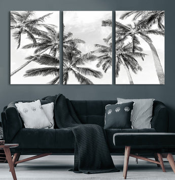 62113786-MGV-CV-36X24-Black White Palm Wall Art Canvas Print, Framed Monochrome Tropics Art Picture Print, Minimalist Beach Perfect Coastal Minimalist