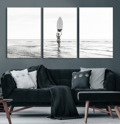 98446901-MGV-CV-36X24-Monochrome Surf Wall Art Canvas Print, Framed Minimalist Surfer Art Picture Print, Surfboard Silhouette Perfect Coastal Minimalist