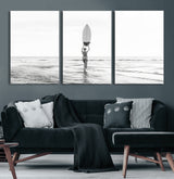 98446901-MGV-CV-60X30-3P-Monochrome Surf Wall Art Canvas Print, Framed Minimalist Surfer Art Picture Print, Surfboard Silhouette Perfect Coastal Minimalist