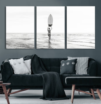 98446901-MGV-CV-60X30-3P-Monochrome Surf Wall Art Canvas Print, Framed Minimalist Surfer Art Picture Print, Surfboard Silhouette Perfect Coastal Minimalist
