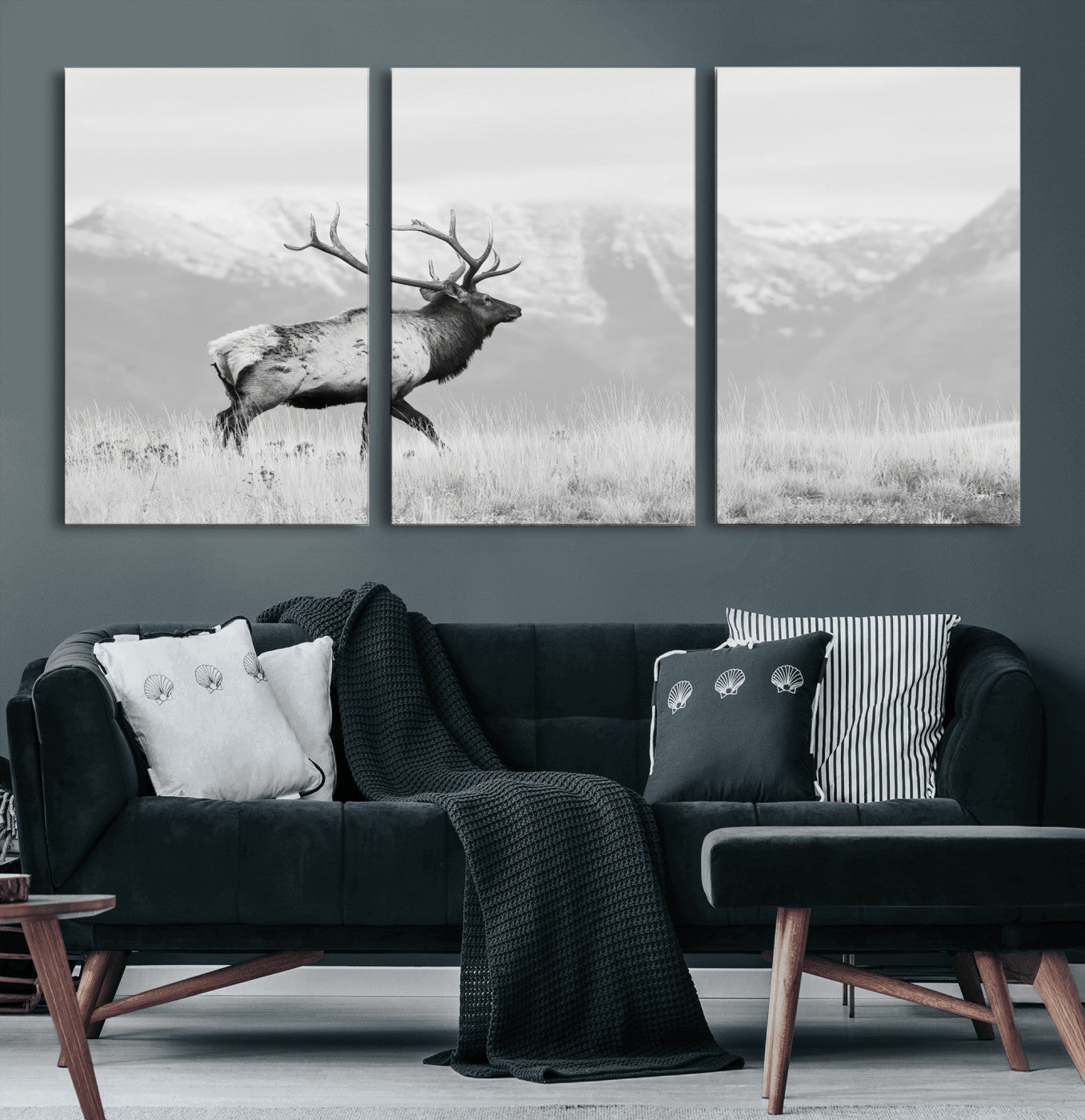 62278753-MGV-CV-36X24-Monochrome Elk Wall Art Canvas Print, Framed Mountain Wildlife Art Picture Print, Rustic Nature Perfect Rustic Minimalist Decor