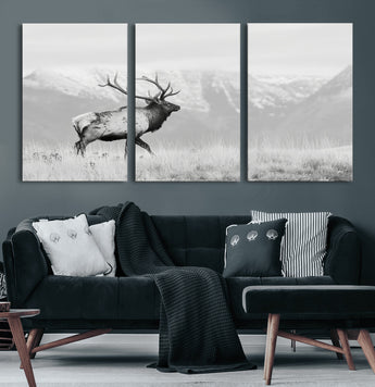 62278753-MGV-CV-60X30-3P-Monochrome Elk Wall Art Canvas Print, Framed Mountain Wildlife Art Picture Print, Rustic Nature Perfect Rustic Minimalist Decor