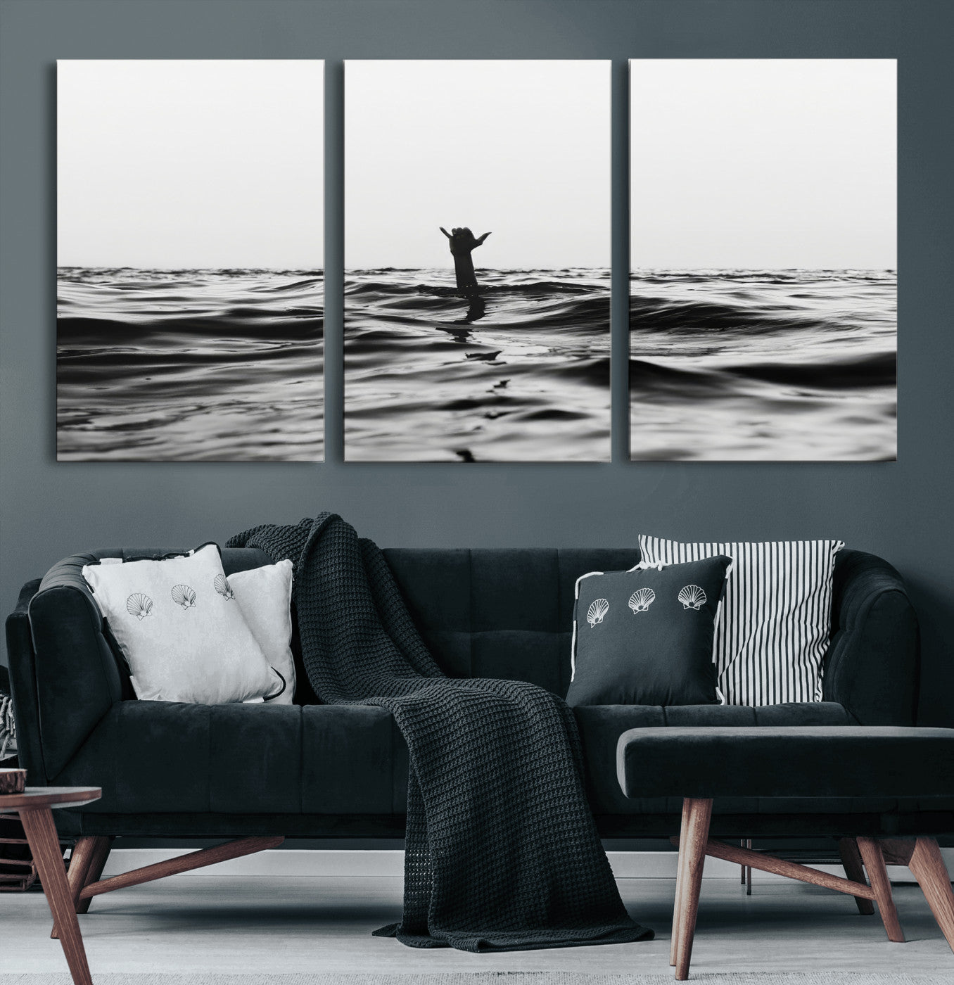 69541918-MGV-CV-36X24-Black White Ocean Wall Art Canvas Print, Framed Moody Seascape Art Picture Print, Surfer Sign Perfect Moody Minimalist Decor