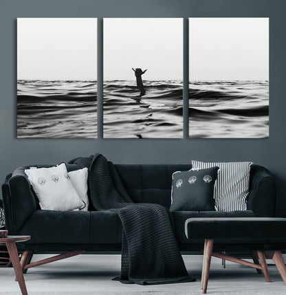 69541918-MGV-CV-36X24-Black White Ocean Wall Art Canvas Print, Framed Moody Seascape Art Picture Print, Surfer Sign Perfect Moody Minimalist Decor