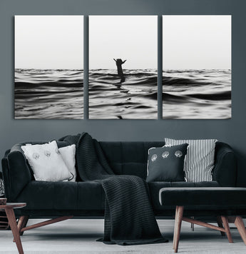 69541918-MGV-CV-60X30-3P-Black White Ocean Wall Art Canvas Print, Framed Moody Seascape Art Picture Print, Surfer Sign Perfect Moody Minimalist Decor