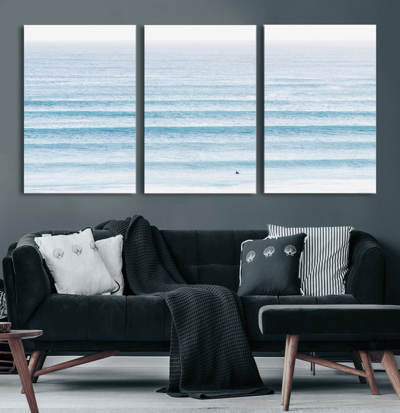 77145995-MGV-CV-60X30-3P-Ocean Simplicity Wall Art Canvas Print, Framed Surfer on Water Art Picture Print, Light Blue Perfect Coastal Minimalist Decor