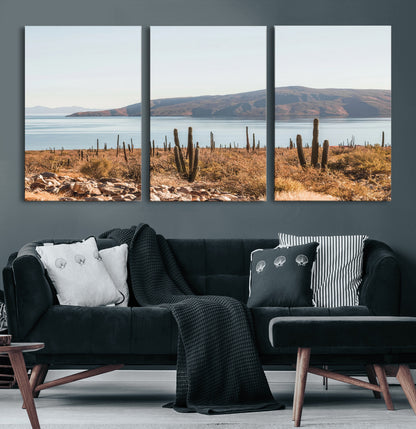 45193515-MGV-CV-36X24-Desert Cactus Wall Art Canvas Print, Framed Baja Coastline Art Picture Print, Coastal Desert Perfect Southwestern Minimalist Decor