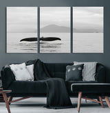 30524220-MGV-CV-60X30-3P-Whale Tail Wall Art Canvas Print, Framed Black White Ocean Art Picture Print, Calm Marine Perfect Minimalist Coastal Decor Artwork