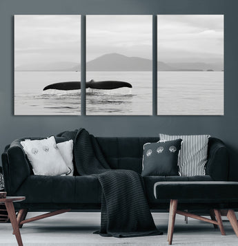 30524220-MGV-CV-60X30-3P-Whale Tail Wall Art Canvas Print, Framed Black White Ocean Art Picture Print, Calm Marine Perfect Minimalist Coastal Decor Artwork