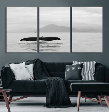 30524220-MGV-CV-60X30-3P-Whale Tail Wall Art Canvas Print, Framed Black White Ocean Art Picture Print, Calm Marine Perfect Minimalist Coastal Decor Artwork
