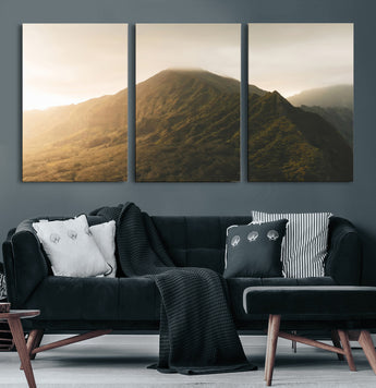 42338636-MGV-CV-36X24-Golden Mountain Wall Art Canvas Print, Framed Misty Summit Art Picture Print, Rugged Landscape Perfect Moody Wilderness Decor