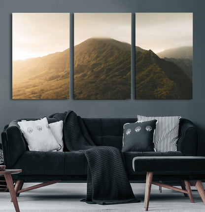 42338636-MGV-CV-36X24-Golden Mountain Wall Art Canvas Print, Framed Misty Summit Art Picture Print, Rugged Landscape Perfect Moody Wilderness Decor