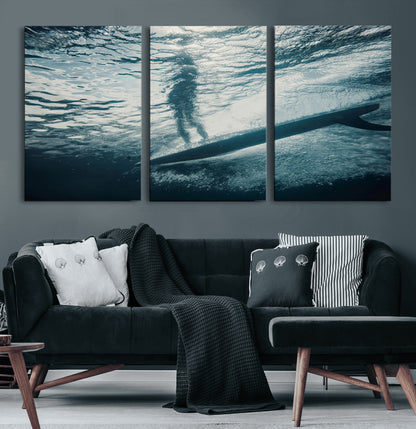 71192524-MGV-CV-60X30-3P-Submerged Surf Wall Art Canvas Print, Framed Underwater Perspective Art Picture Print, Ocean Surf Perfect Coastal Adventure Decor