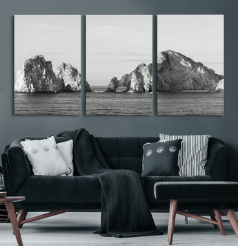 18810731-MGV-CV-60X30-3P-Rugged Coastline Wall Art Canvas Print, Framed Ocean Cliffs Art Picture Print, Monochrome Seascape Perfect Coastal Minimalist