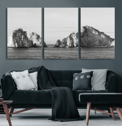18810731-MGV-CV-60X30-3P-Rugged Coastline Wall Art Canvas Print, Framed Ocean Cliffs Art Picture Print, Monochrome Seascape Perfect Coastal Minimalist