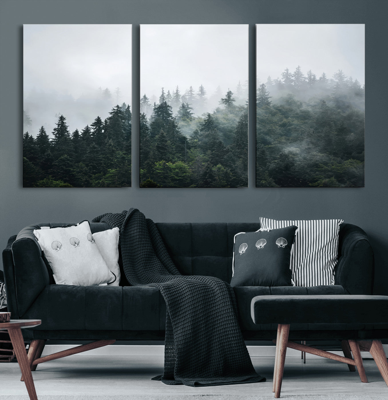 84146572-MGV-CV-36X24-Foggy Pine Trees Wall Art Canvas Print, Framed Forest Nature Art Picture Print, Evergreen Forest Perfect Scandinavian Minimalist