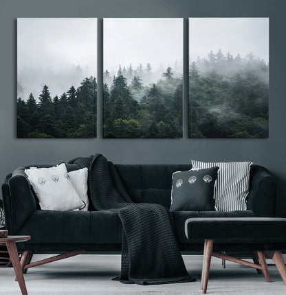 84146572-MGV-CV-36X24-Foggy Pine Trees Wall Art Canvas Print, Framed Forest Nature Art Picture Print, Evergreen Forest Perfect Scandinavian Minimalist