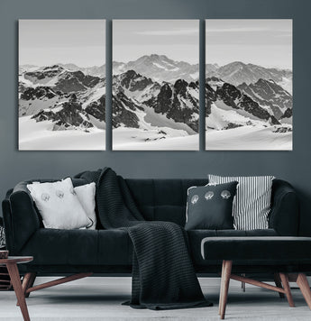32399691-MGV-CV-60X30-3P-Snowy Mountain Wall Art Canvas Print, Framed Mountain Peaks Art Picture Print, Alpine Mountains Perfect Minimalist Alpine Decor