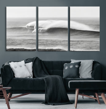 42544082-MGV-CV-60X30-3P-Monochrome Seascape Wall Art Canvas Print, Framed Surf Wave Art Picture Print, Minimalist Ocean Perfect Moody Coastal Decor