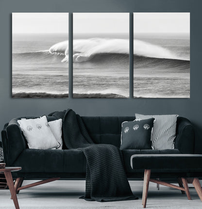 42544082-MGV-CV-60X30-3P-Monochrome Seascape Wall Art Canvas Print, Framed Surf Wave Art Picture Print, Minimalist Ocean Perfect Moody Coastal Decor