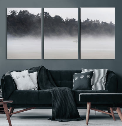 59703275-MGV-CV-36X24-Surfer in Fog Wall Art Canvas Print, Framed Foggy Beach Art Picture Print, Coastal Surf Perfect Moody Coastal Decor Artwork