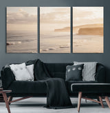 57669769-MGV-CV-60X30-3P-Misty Coastal Wall Art Canvas Print, Framed Golden Sunset Art Picture Print, Serene Shoreline Perfect Tranquil Coastal Decor