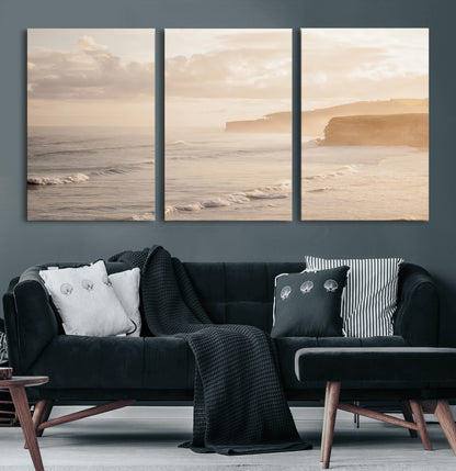 57669769-MGV-CV-60X30-3P-Misty Coastal Wall Art Canvas Print, Framed Golden Sunset Art Picture Print, Serene Shoreline Perfect Tranquil Coastal Decor