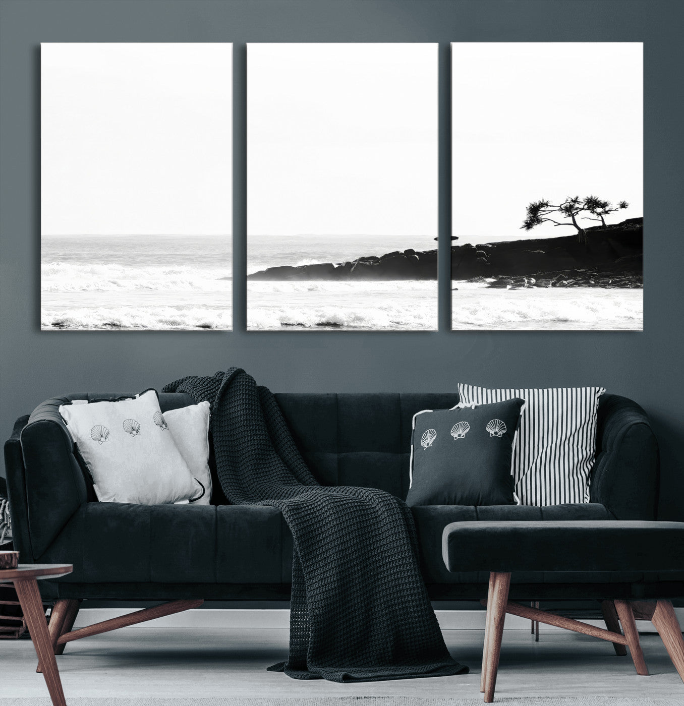 40875891-MGV-CV-36X24-SurferCliffs Wall Art Canvas Print, Framed Black White Beach Art Picture Print, Ocean Waves Perfect Minimalist Coastal Decor