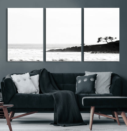 40875891-MGV-CV-36X24-SurferCliffs Wall Art Canvas Print, Framed Black White Beach Art Picture Print, Ocean Waves Perfect Minimalist Coastal Decor