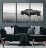 28435251-MGV-CV-60X30-3P-Bison In Prairie Wall Art Canvas Print, Framed Rustic Wildlife Art Picture Print, Wild Buffalo Perfect Rustic Western Decor