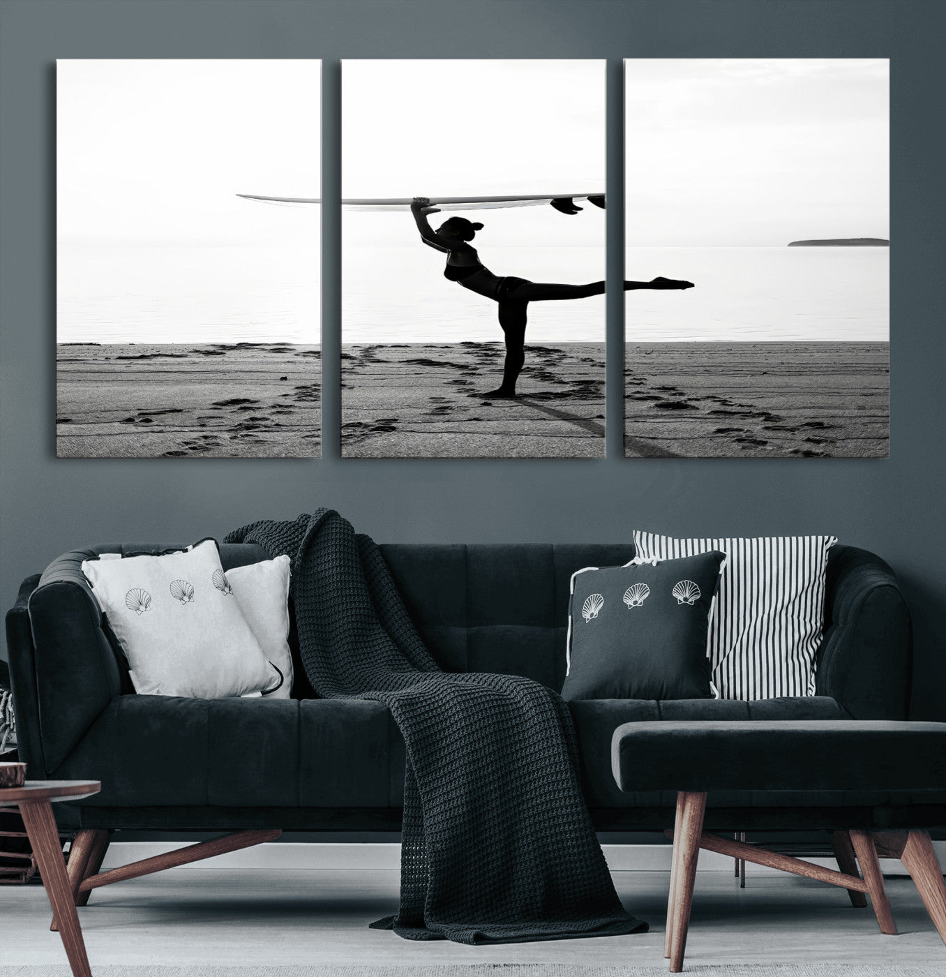 28441356-MGV-CV-36X24-Yoga Surf Wall Art Canvas Print, Framed Black White Shore Art Picture Print, Peaceful Ocean Perfect Minimalist Coastal Decor