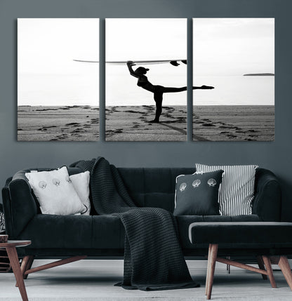 28441356-MGV-CV-36X24-Yoga Surf Wall Art Canvas Print, Framed Black White Shore Art Picture Print, Peaceful Ocean Perfect Minimalist Coastal Decor