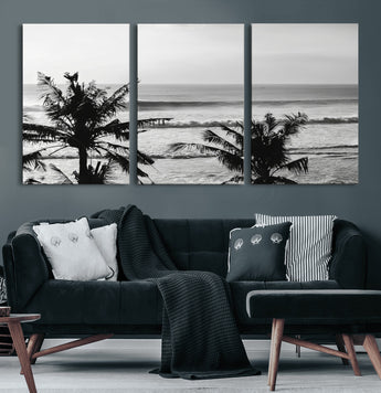 17508038-MGV-CV-36X24-Tropical Coastline Wall Art Canvas Print, Framed Palm Trees Art Picture Print, Ocean Waves Perfect Minimalist Coastal Decor