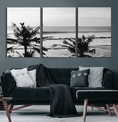 17508038-MGV-CV-60X30-3P-Tropical Coastline Wall Art Canvas Print, Framed Palm Trees Art Picture Print, Ocean Waves Perfect Minimalist Coastal Decor
