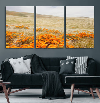 28972262-MGV-CV-36X24-Golden Wildflowers Wall Art Canvas Print, Framed Hills Bloom Art Picture Print, Poppy Meadow Perfect Rustic Nature Decor Artwork